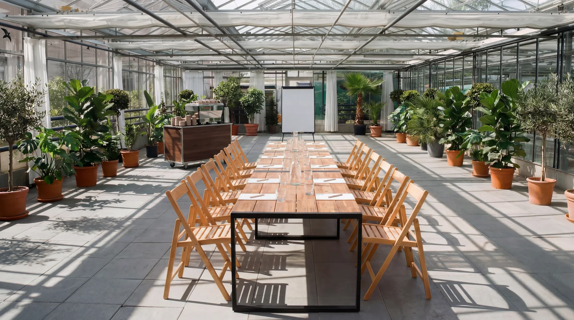 Corporate-Event-Setup im Gewächshaus der Gärtnerei Volk in Braunschweig