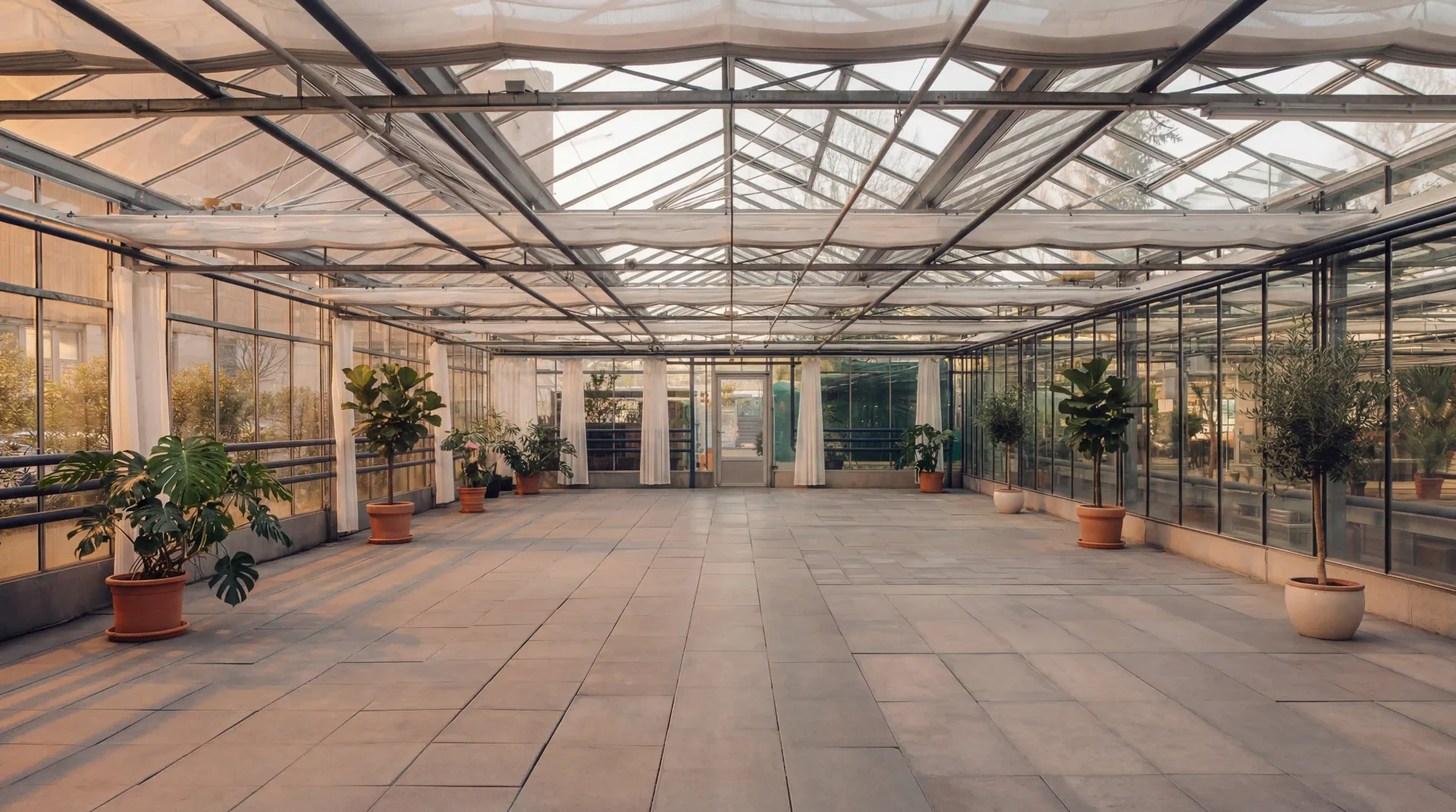 Schattenhaus der Gärtnerei Volk in der goldenen Stunde — Eventlocation im Gewächshaus